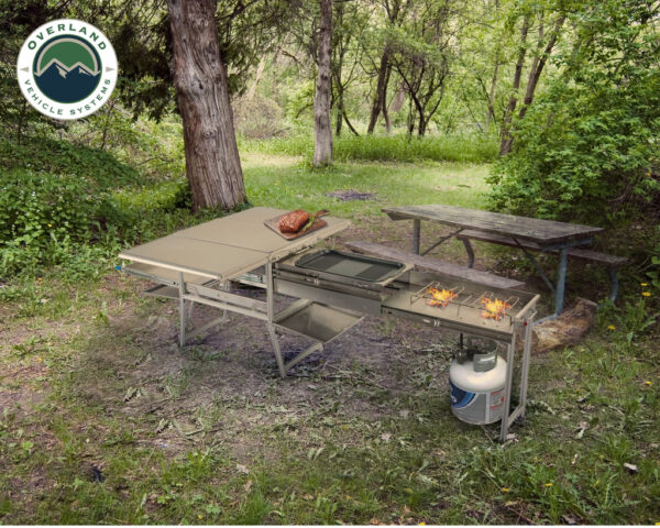 OVS KOMODO CAMP KITCHEN – DUAL GRILL, SKILLET, FOLDING SHELVES, AND ROCKET TOWER – STAINLESS STEEL
