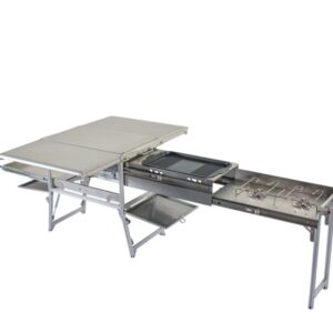OVS Komodo camp kitchen dual grill skillet folding shelves and rocket tower stainless steel