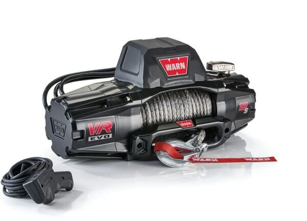 WARN 103254 Winch; VR12-S; Vehicle Mounted; Vehicle Recovery Winch; 12 Volt Electric; 12000 Pound Line Pull Capacity; 90 Foot Synthetic Rope; Hawse Fairlead; Wired Remote; Planetary Gear Drive (1)